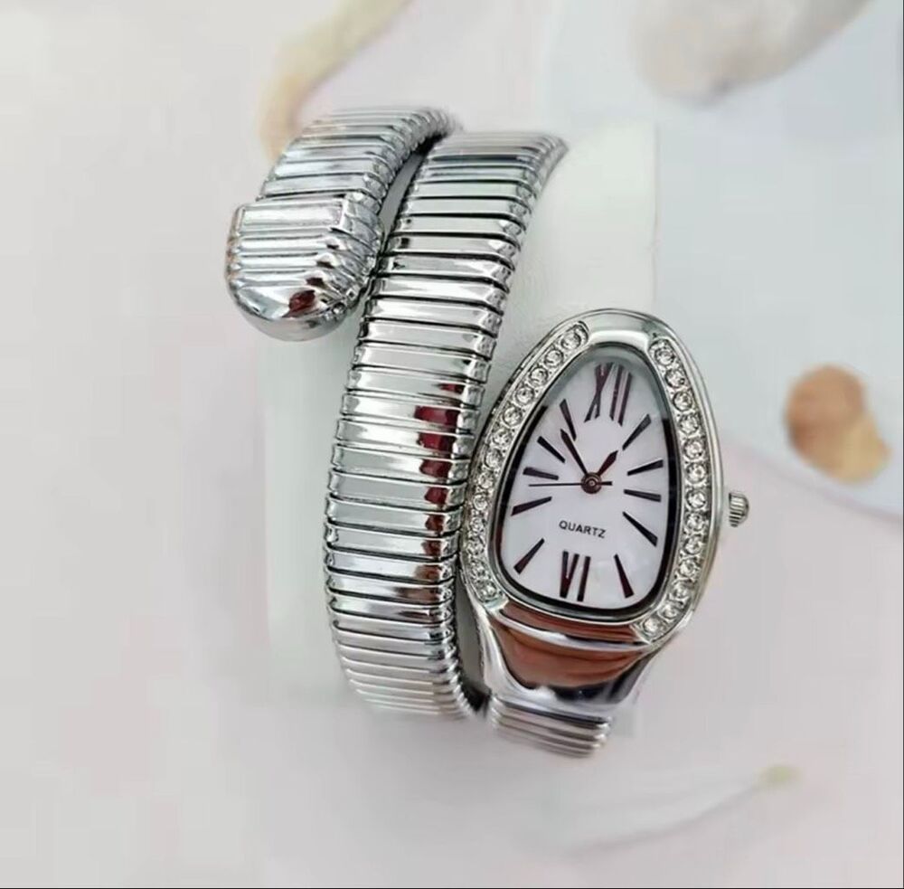 Luxurious Silver Tone Elegant Serpentine Bracelet Watch Crystal White Dial NWOT